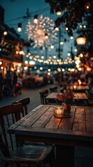 Outdoor restaurant, evening, lights blurred, warm glow, and busy people