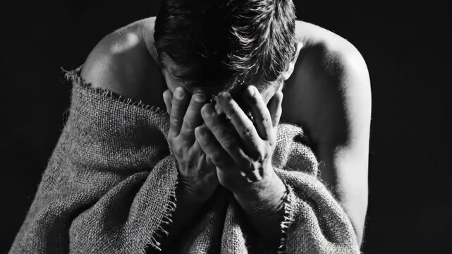 A man experiencing emotional distress wrapped in burlap against a dark background symbolizing mental health struggles and hardship