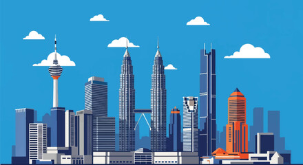 Obraz premium Flat vector skyline of Kuala Lumpur with two matching skyscrapers connected by elevated deck. Solid bold colors, no gradients. Ideal for travel design, posters, and editorial use