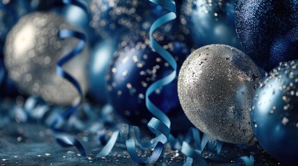 Blue and silver balloons with ribbons and confetti