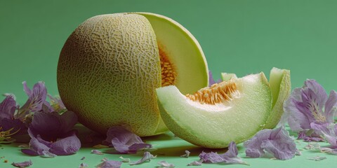 Cut cantaloupe with purple flower petals on a green background