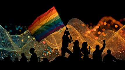 Radiant flags, radiant spirits: embracing lgbtq identity in urban life. Internet connectivity. Dynamic cityscape: deeply colorful lgbtq pride festival in motion. Digital communication.