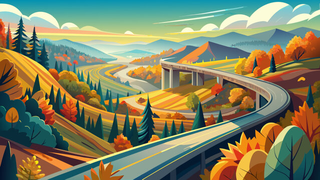 Very beautiful view of the Natchez Trace Parkway spanning Tennessee and Mississippi, USA, featuring a winding road through dense forests, vibrant autumn foliage, and a realistic serene natural landsca