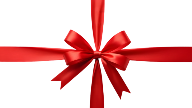 3D render of red gift bow, satin ribbon tied in a cross, isolated on grey background, for christmas present, birthday wrapping concept.