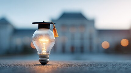 Illuminated bulb-graduation cap on pavement, stately building behind