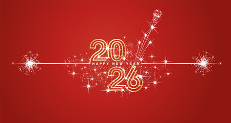 Happy New Year 2026 eve golden triple line design loading sparkle firework. 2026 with opened champagne cork, white red vector wallpaper greeting card © simbos