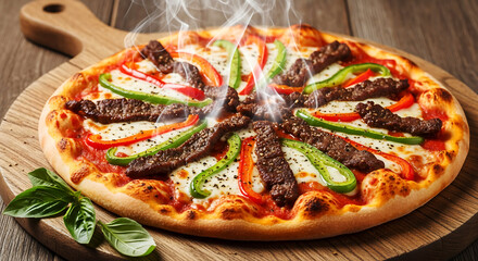 Hot Steaming Steak and Pepper Pizza on Wooden Board - Delicious Italian Food Photography