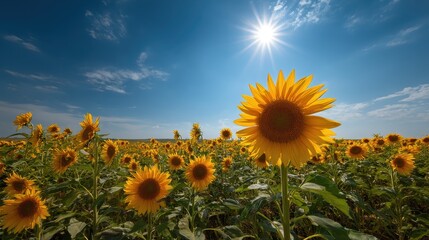 Fototapeta premium Bright sunflower field under blue sky, summer landscape