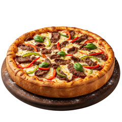Thick Crust Deep Dish Steak and Pepper Pizza on Wooden Board Isolated on Transparent Background