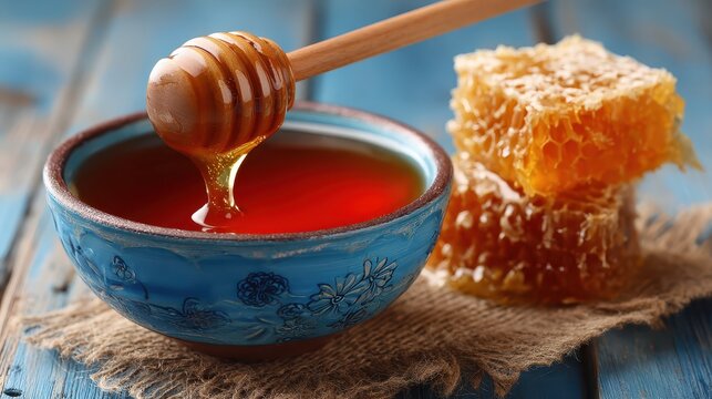 bowl organic honey on blue rustic table, with honeycomb