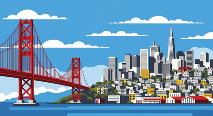 Flat vector skyline of San Francisco featuring suspension bridge and sloped city blocks. Solid clean colors, no gradients. Ideal for tech branding and travel graphics