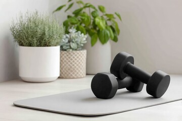 Black dumbbells on gray yoga mat with green houseplants create serene setting for mindful home exercise.