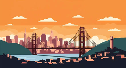 Flat vector skyline of San Francisco featuring suspension bridge and sloped city blocks. Solid clean colors, no gradients. Ideal for tech branding and travel graphics