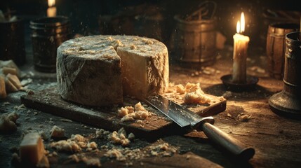 Fototapeta premium Aged cheese wheel with knife cuts. Crumbs on wooden board. Tavern background