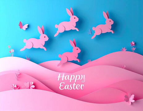 Happy easter greeting with pink bunnies jumping over pink hills on a blue background - Powered by Adobe