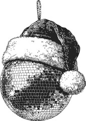 Disco ball sketch with Santa hat, hand drawn festive holiday party decor — stock vector