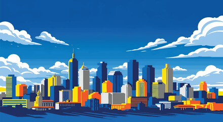 Fototapeta premium Flat vector skyline of Johannesburg with communication tower and clustered modern buildings. Solid warm colors, no gradients. Ideal for business and travel visuals