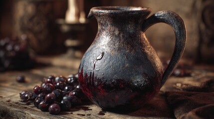 Clay pitcher filled with dark wine. Droplets on surface. Rustic medieval tavern background