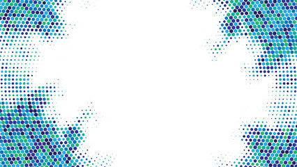 Colorful halftone dot explosion border in blue and teal tones creating a dynamic abstract frame with white space center, modern graphic background ideal for social media banners posters cards and cove