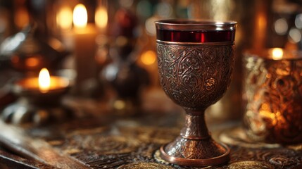 Copper goblet with red wine. Ornate medieval design. Candlelit tavern background