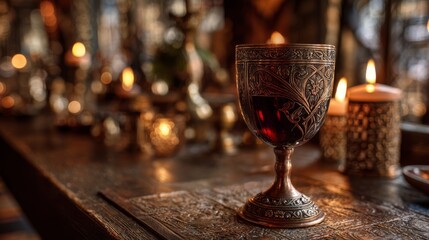 Copper goblet with red wine. Ornate medieval design. Candlelit tavern background