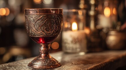 Copper goblet with red wine. Ornate medieval design. Candlelit tavern background