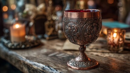 Copper goblet with red wine. Ornate medieval design. Candlelit tavern background