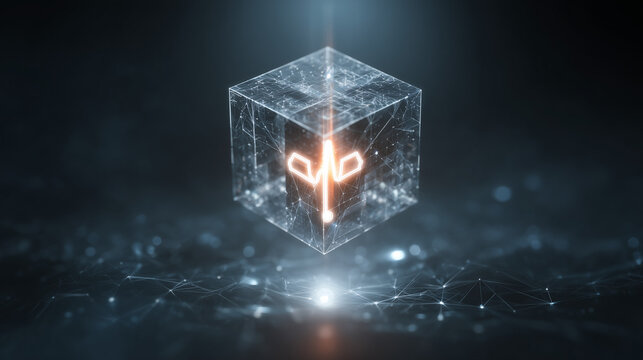 A decentralized healthcare network visualized as a glowing data block with a medical symbol.