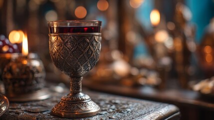 Copper goblet with red wine. Ornate medieval design. Candlelit tavern background