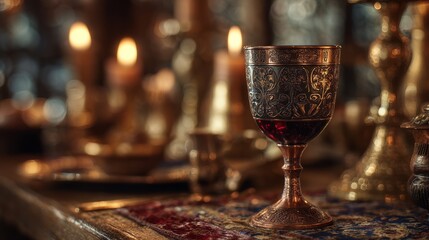 Copper goblet with red wine. Ornate medieval design. Candlelit tavern background