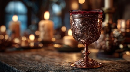 Copper goblet with red wine. Ornate medieval design. Candlelit tavern background