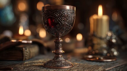 Copper goblet with red wine. Ornate medieval design. Candlelit tavern background