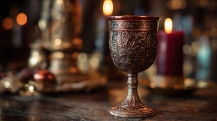 Copper goblet with red wine. Ornate medieval design. Candlelit tavern background