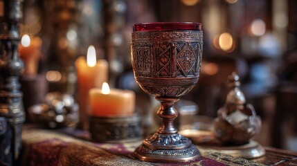 Copper goblet with red wine. Ornate medieval design. Candlelit tavern background