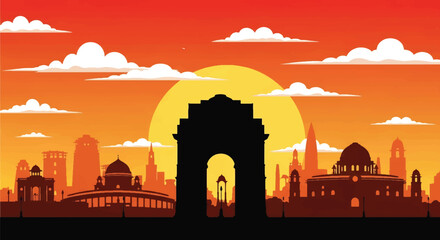 Flat vector skyline of New Delhi with monumental arch landmark and symmetrical government buildings. Solid warm tones, no gradients. Excellent for editorial and travel visuals