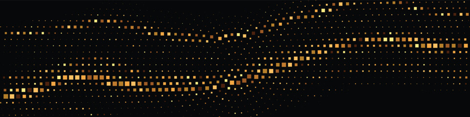 Obraz premium Golden dotted wave pattern forming glowing flowing lines over black background, modern elegant abstract motion design ideal for luxury branding party graphics digital banners and premium stylish layou