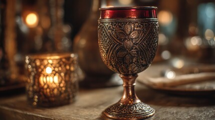 Copper goblet with red wine. Ornate medieval design. Candlelit tavern background