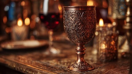 Copper goblet with red wine. Ornate medieval design. Candlelit tavern background