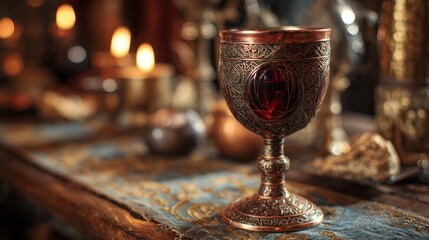 Copper goblet with red wine. Ornate medieval design. Candlelit tavern background