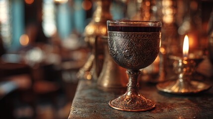 Copper goblet with red wine. Ornate medieval design. Candlelit tavern background