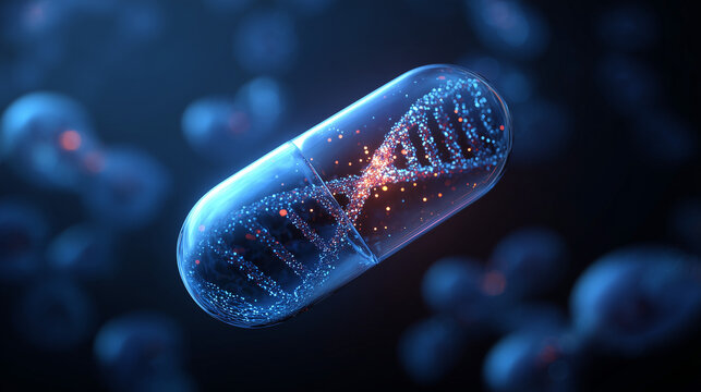 A personalized pill containing a glowing DNA helix, a concept for futuristic 3D bioprinting and medicine.