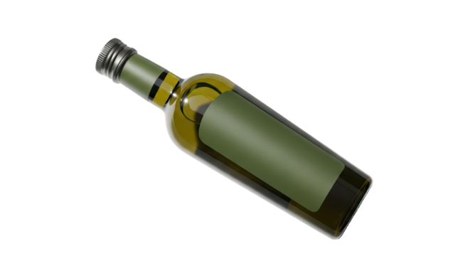 Dark green oil bottle with a simple slanting empty label mockup, resting angled on a transparent PNG background (हरी शराब की बोतल)