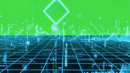 Abstract grid with rising data bars and floating geometric shapes over a green screen. Digital technology and business visualization effect. - Powered by Adobe