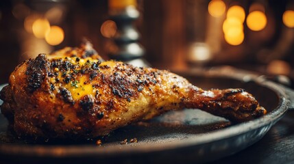 Roasted chicken leg on iron plate. Golden crispy skin. Warm tavern background