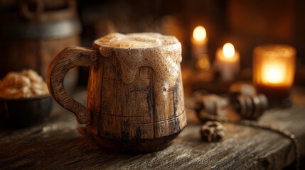 Rustic wooden mug overflowing with golden ale foam. Medieval tavern background