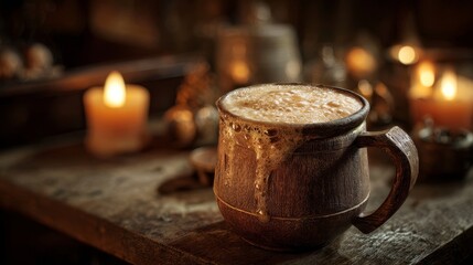 Rustic wooden mug overflowing with golden ale foam. Medieval tavern background