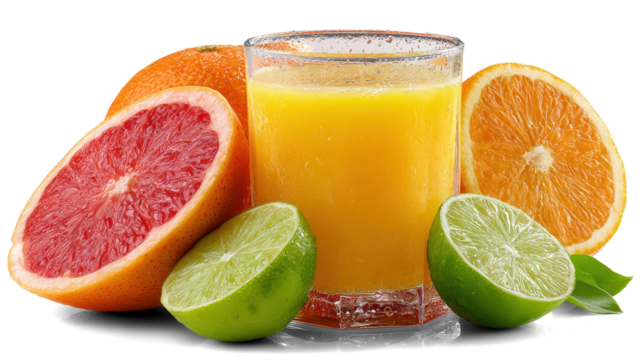 Fresh juice with orange slice, grapefruit and lime