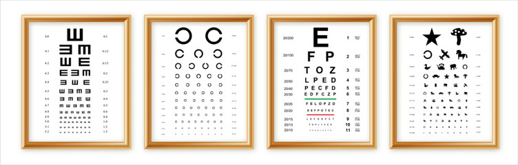 Eyes test charts with latin letters isolated on background. Art design medical poster with sign in golden frame. Concept graphic element for ophthalmic test for visual examination. © YURII