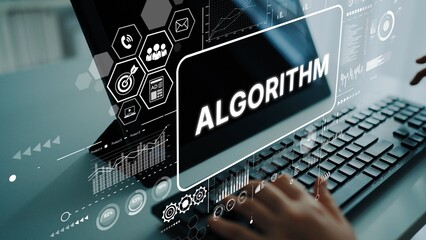 Digital Interface Displaying Algorithm Concepts with Futuristic Data Visualization and Technology...