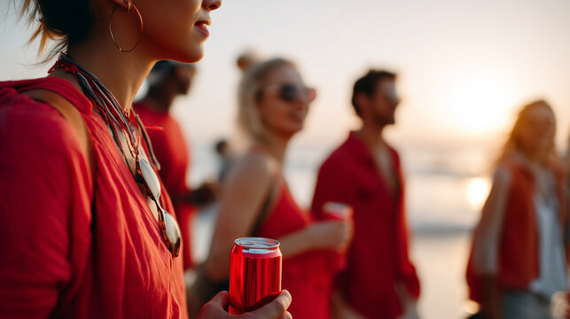 Defocused friends in festive red attire with sharp focused beverage cans and sunset beach backdrop, with copy space , 